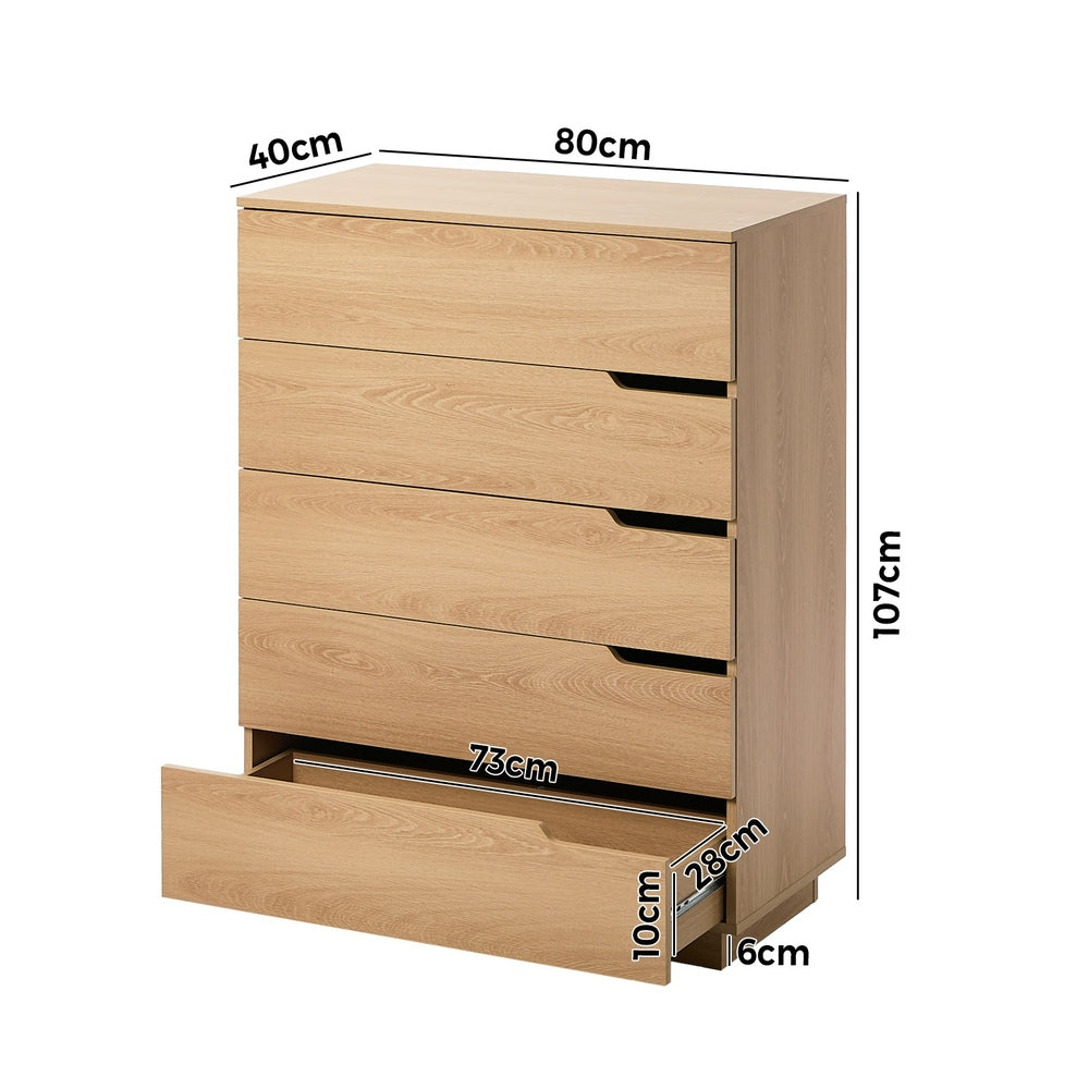 Oikiture 5 Chest of Drawers Dresser Tallboy Storage Cabinet Natural-Chest of Drawers-PEROZ Accessories