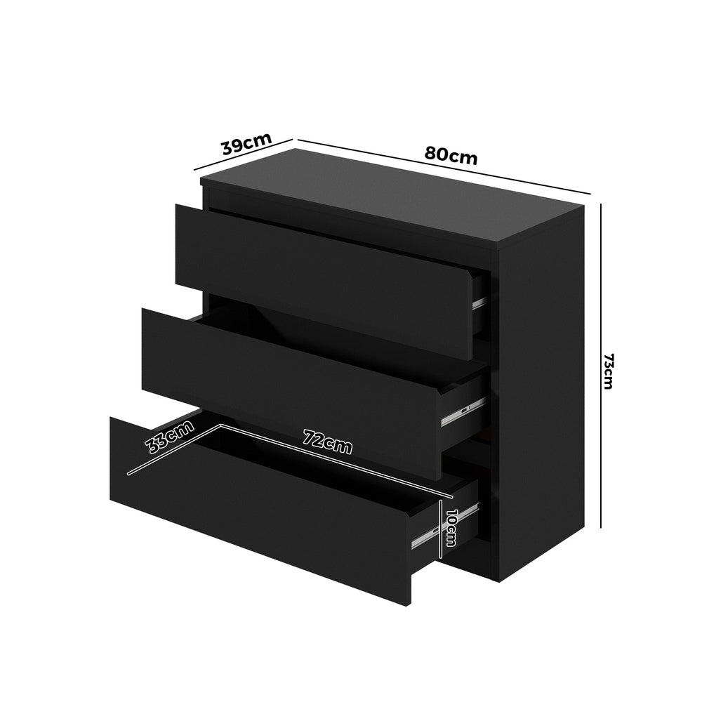 Oikiture 3 Chest of Drawers Lowboy Dresser Table Black-Chest of Drawers-PEROZ Accessories