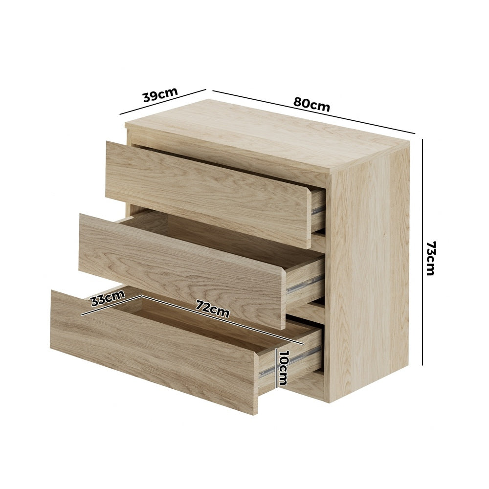 Oikiture 3 Chest of Drawers Lowboy Dresser Table Natural-Chest of Drawers-PEROZ Accessories