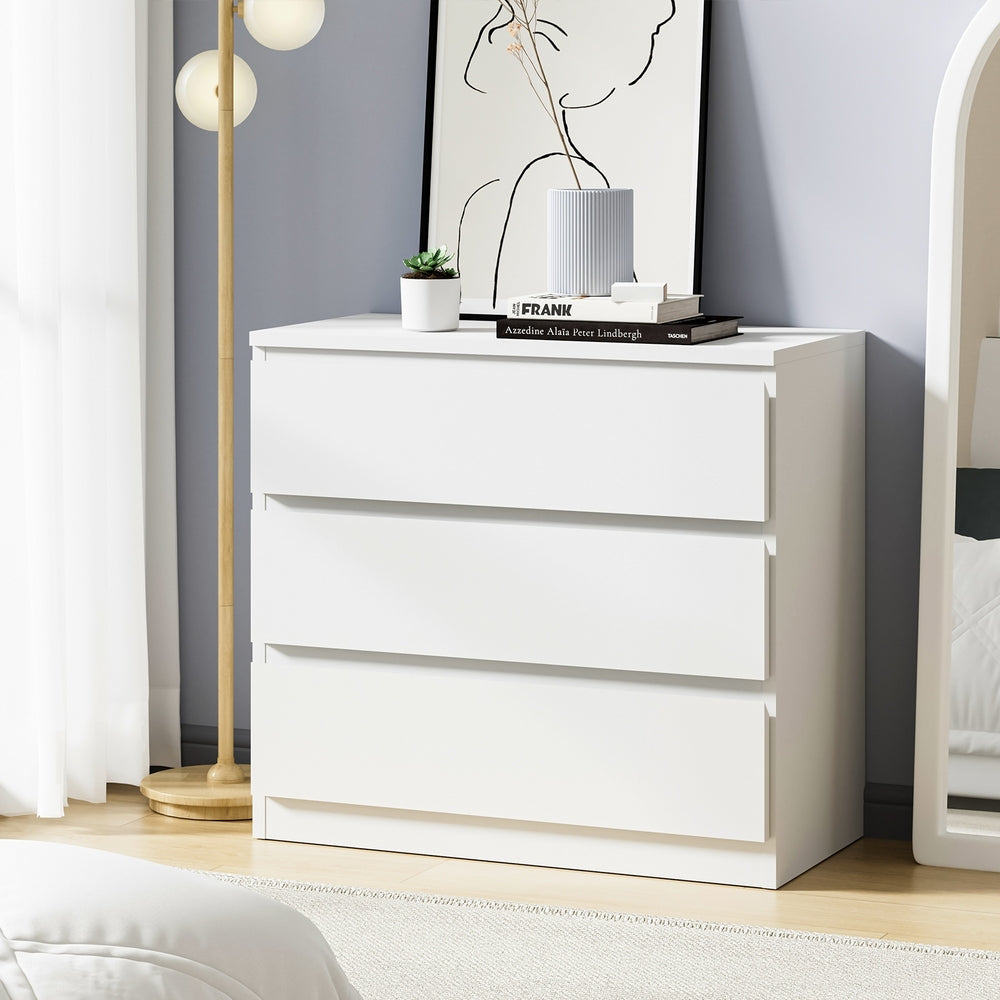 Oikiture 3 Chest of Drawers Lowboy Handle-Free White-Chest of Drawers-PEROZ Accessories