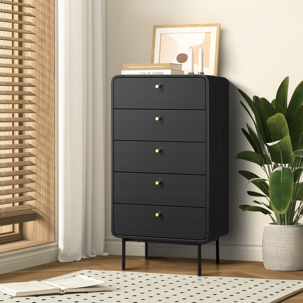 Oikiture 5 Chest of Drawers Dresser Tallboy Metal Handle Black-Chest of Drawers-PEROZ Accessories