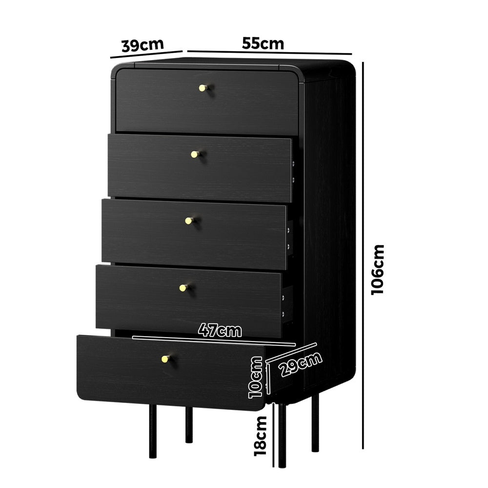 Oikiture 5 Chest of Drawers Dresser Tallboy Metal Handle Black-Chest of Drawers-PEROZ Accessories