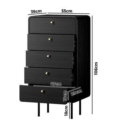 Oikiture 5 Chest of Drawers Dresser Tallboy Metal Handle Black-Chest of Drawers-PEROZ Accessories