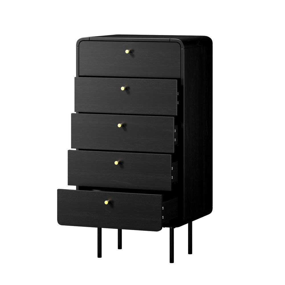 Oikiture 5 Chest of Drawers Dresser Tallboy Metal Handle Black-Chest of Drawers-PEROZ Accessories