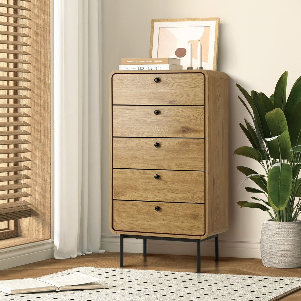 Oikiture 5 Chest of Drawers Dresser Tallboy Wooden Handle Natural-Chest of Drawers-PEROZ Accessories