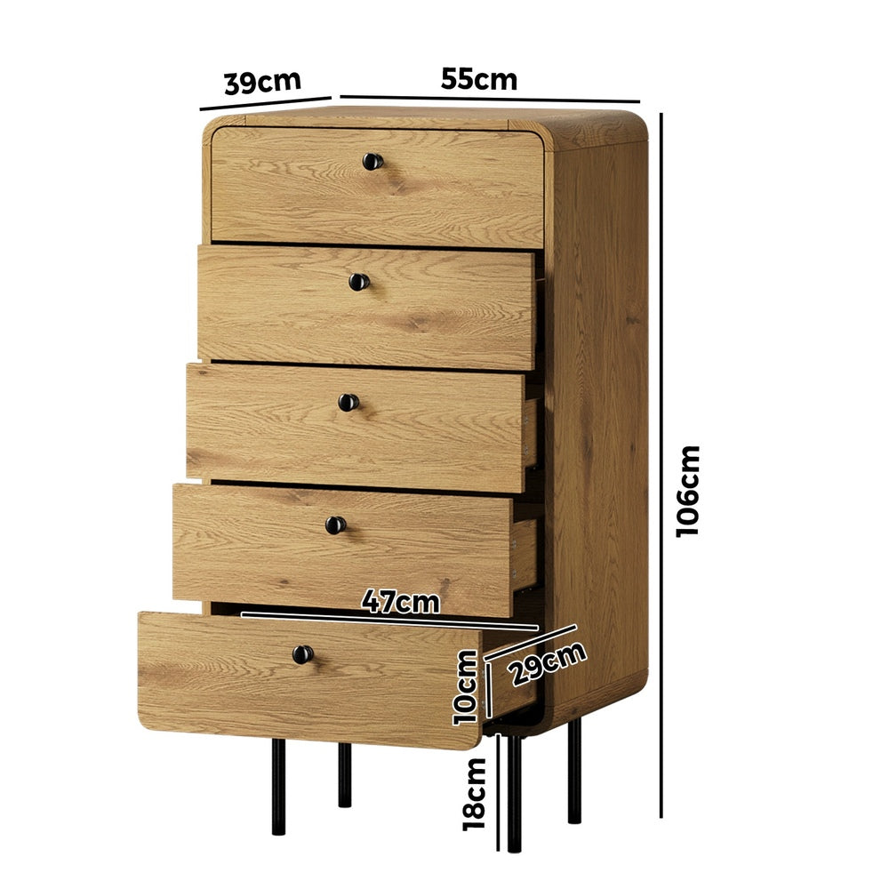 Oikiture 5 Chest of Drawers Dresser Tallboy Wooden Handle Natural-Chest of Drawers-PEROZ Accessories