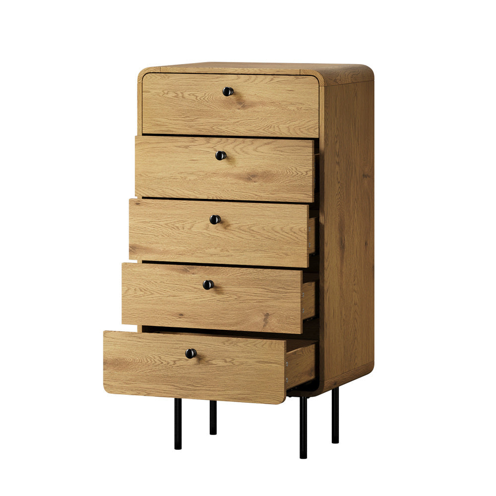 Oikiture 5 Chest of Drawers Dresser Tallboy Wooden Handle Natural-Chest of Drawers-PEROZ Accessories
