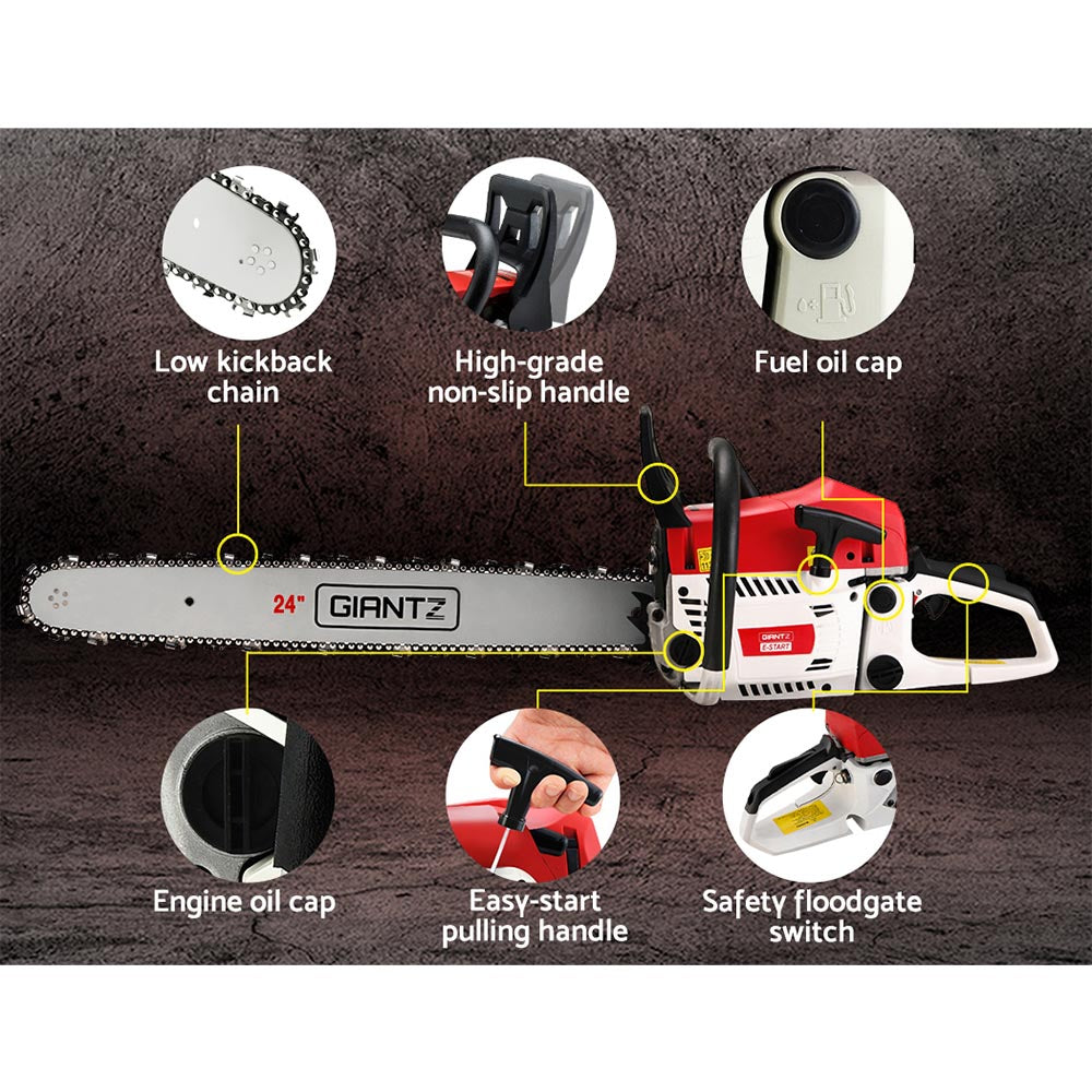 Giantz 62cc Petrol Chainsaw 24 Inch Bar Chain Saw Tree Pruner 2 Stroke E-Start-Tools > Power Tools-PEROZ Accessories