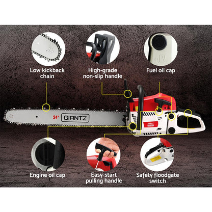 Giantz 62cc Petrol Chainsaw 24 Inch Bar Chain Saw Tree Pruner 2 Stroke E-Start-Tools > Power Tools-PEROZ Accessories