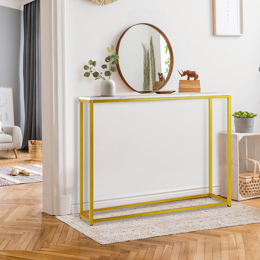 Oikiture Console Table Marble-look Iron Gold&White-Console Tables-PEROZ Accessories