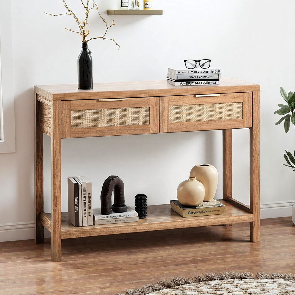 Oikiture Console Table 2 Drawers Entry Table Display Shelf Natural-Console Table-PEROZ Accessories