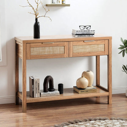 Oikiture Console Table 2 Drawers Entry Table Display Shelf Natural-Console Table-PEROZ Accessories