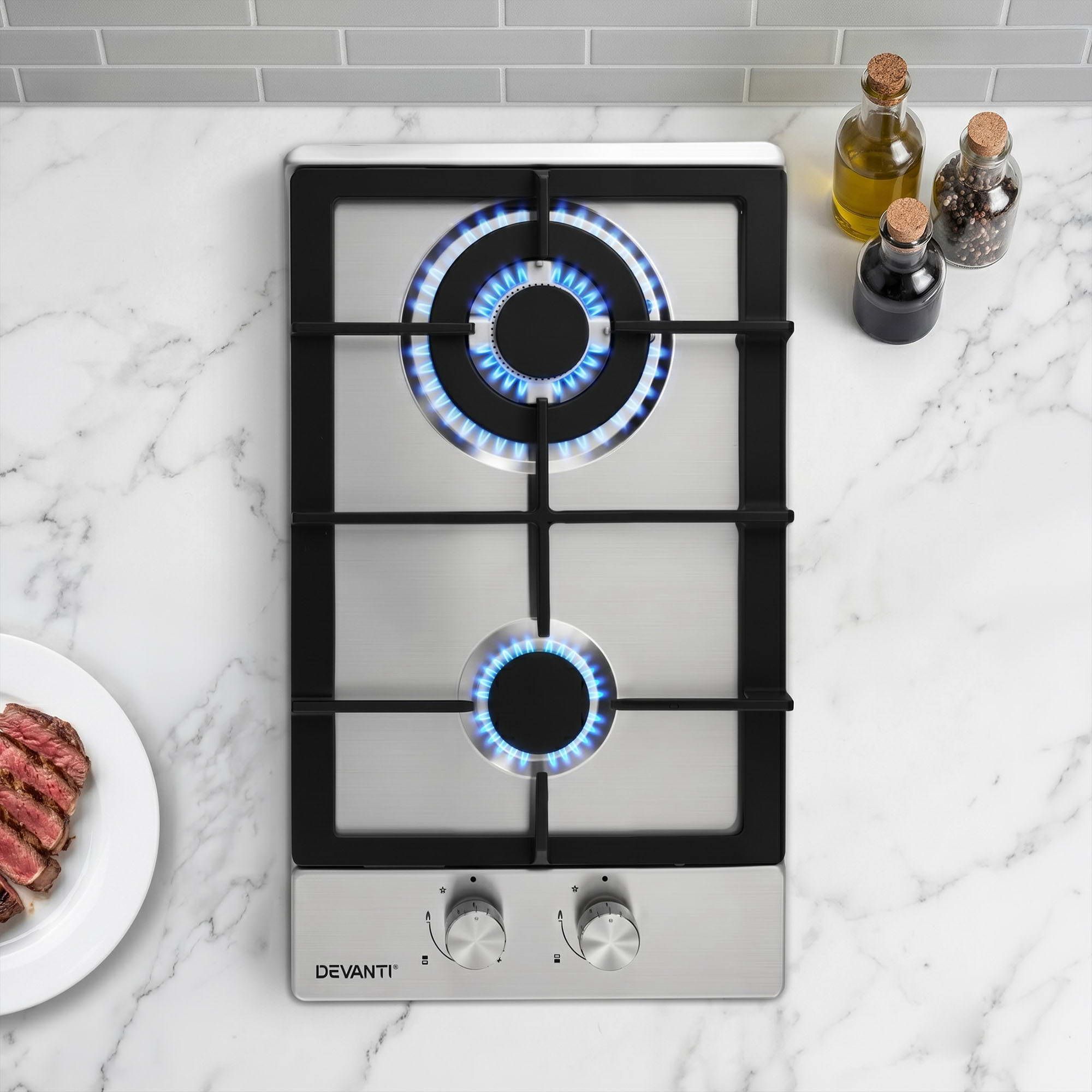 Devanti Gas Cooktop 30cm 2 Burner Silver-Appliances > Kitchen Appliances > Cooktops &amp; Stoves-PEROZ Accessories