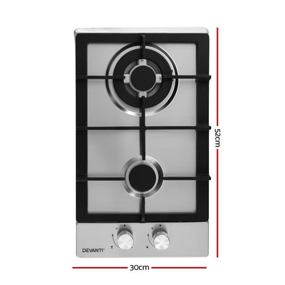 Devanti Gas Cooktop 30cm 2 Burner Silver-Appliances > Kitchen Appliances > Cooktops &amp; Stoves-PEROZ Accessories
