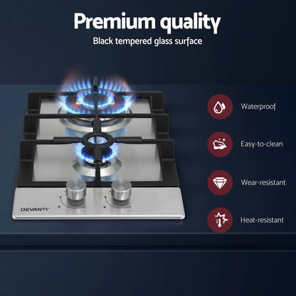 Devanti Gas Cooktop 30cm 2 Burner Silver-Appliances > Kitchen Appliances > Cooktops &amp; Stoves-PEROZ Accessories