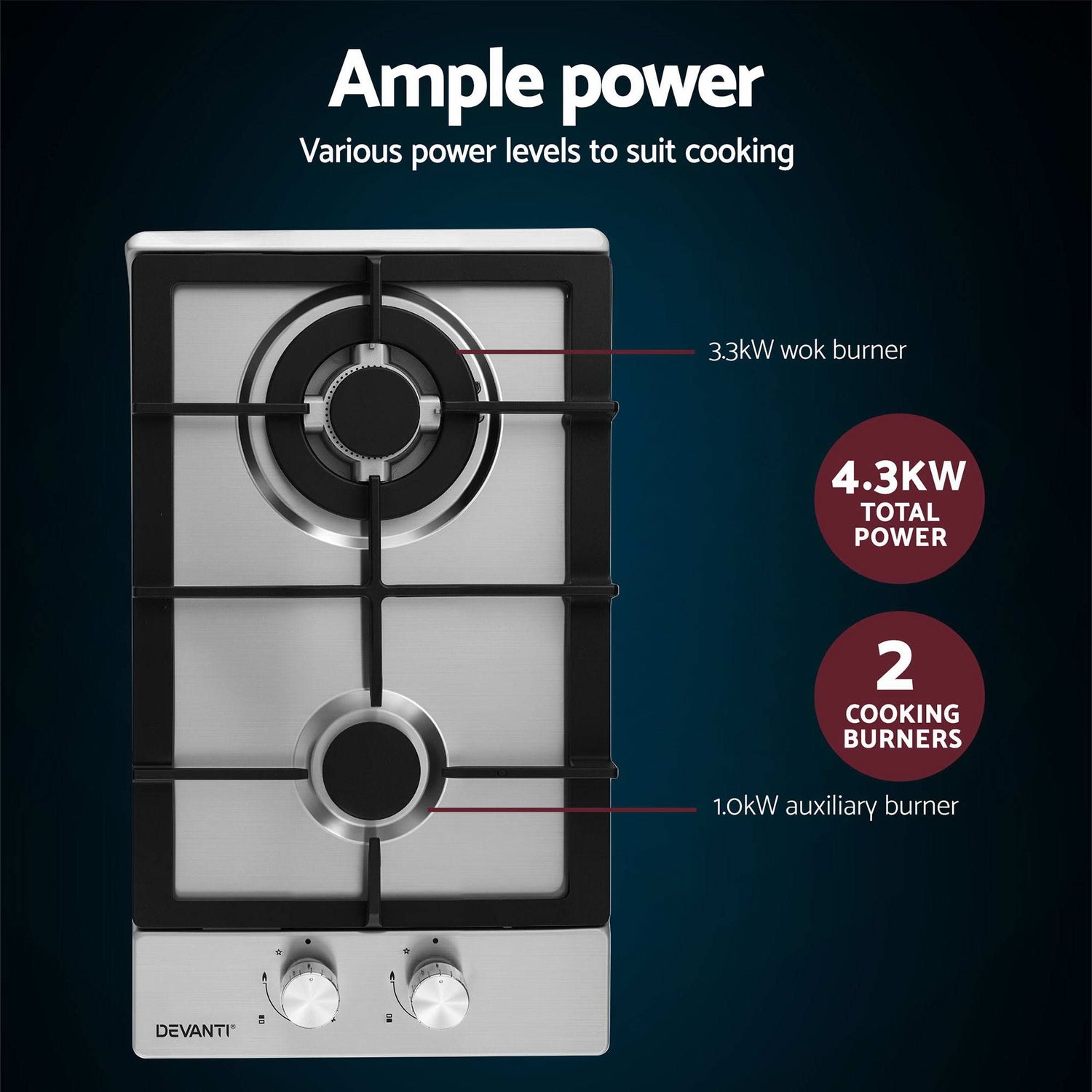 Devanti Gas Cooktop 30cm 2 Burner Silver-Appliances > Kitchen Appliances > Cooktops &amp; Stoves-PEROZ Accessories