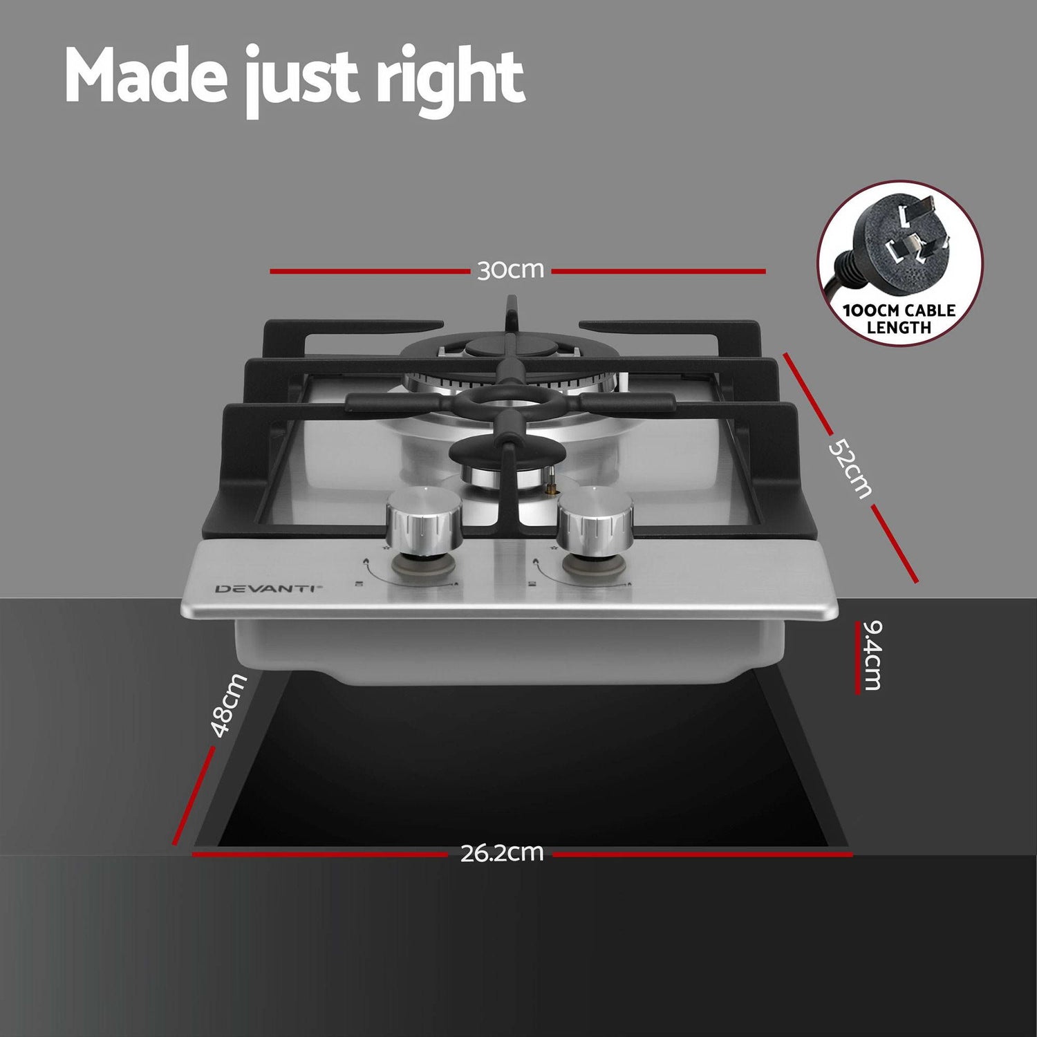 Devanti Gas Cooktop 30cm 2 Burner Silver-Appliances > Kitchen Appliances > Cooktops &amp; Stoves-PEROZ Accessories