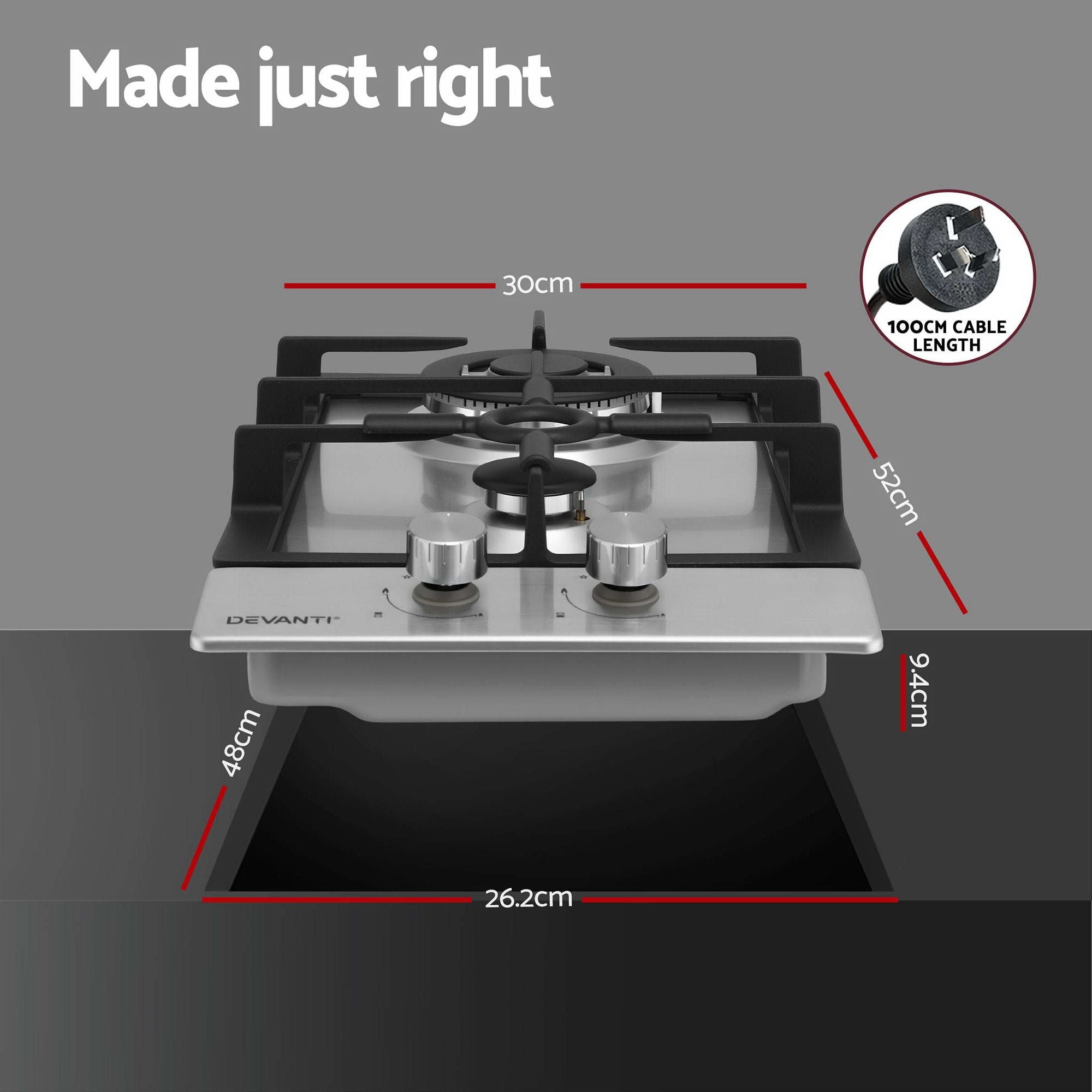 Devanti Gas Cooktop 30cm 2 Burner Silver-Appliances > Kitchen Appliances > Cooktops &amp; Stoves-PEROZ Accessories