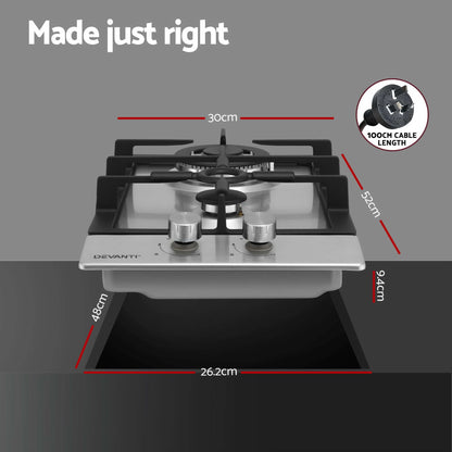 Devanti Gas Cooktop 30cm 2 Burner Silver-Appliances > Kitchen Appliances > Cooktops &amp; Stoves-PEROZ Accessories