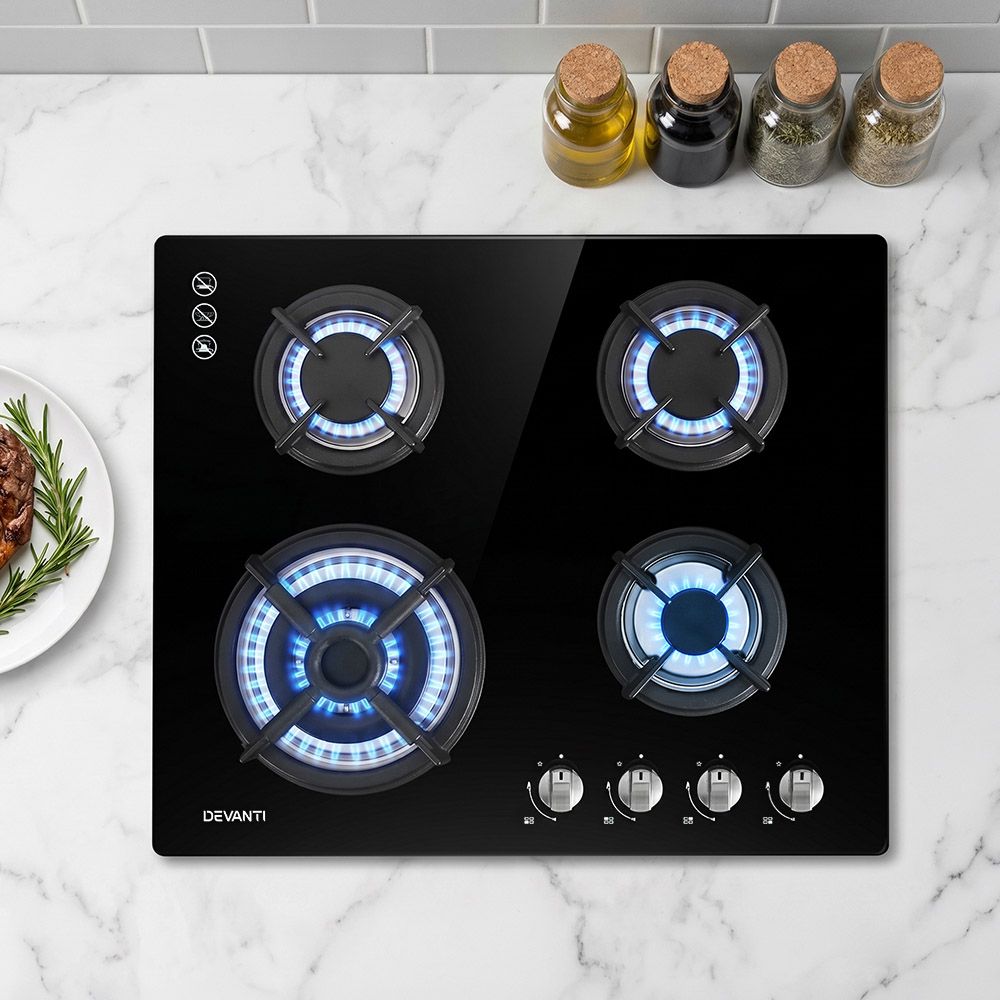 Devanti Gas Cooktop 60cm 4 Burner Black-Appliances > Kitchen Appliances-PEROZ Accessories