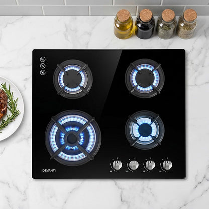 Devanti Gas Cooktop 60cm 4 Burner Black-Appliances > Kitchen Appliances-PEROZ Accessories