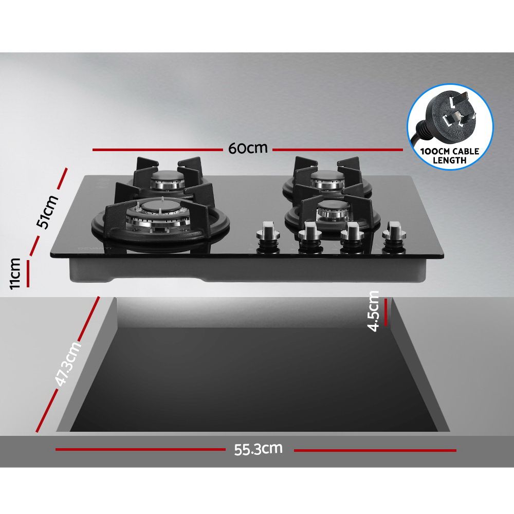 Devanti Gas Cooktop 60cm 4 Burner Black-Appliances > Kitchen Appliances-PEROZ Accessories