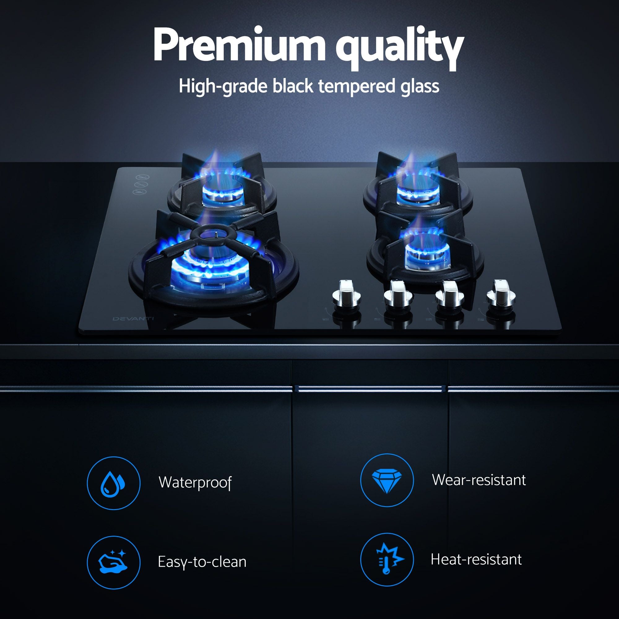 Devanti Gas Cooktop 60cm 4 Burner Black-Appliances > Kitchen Appliances-PEROZ Accessories