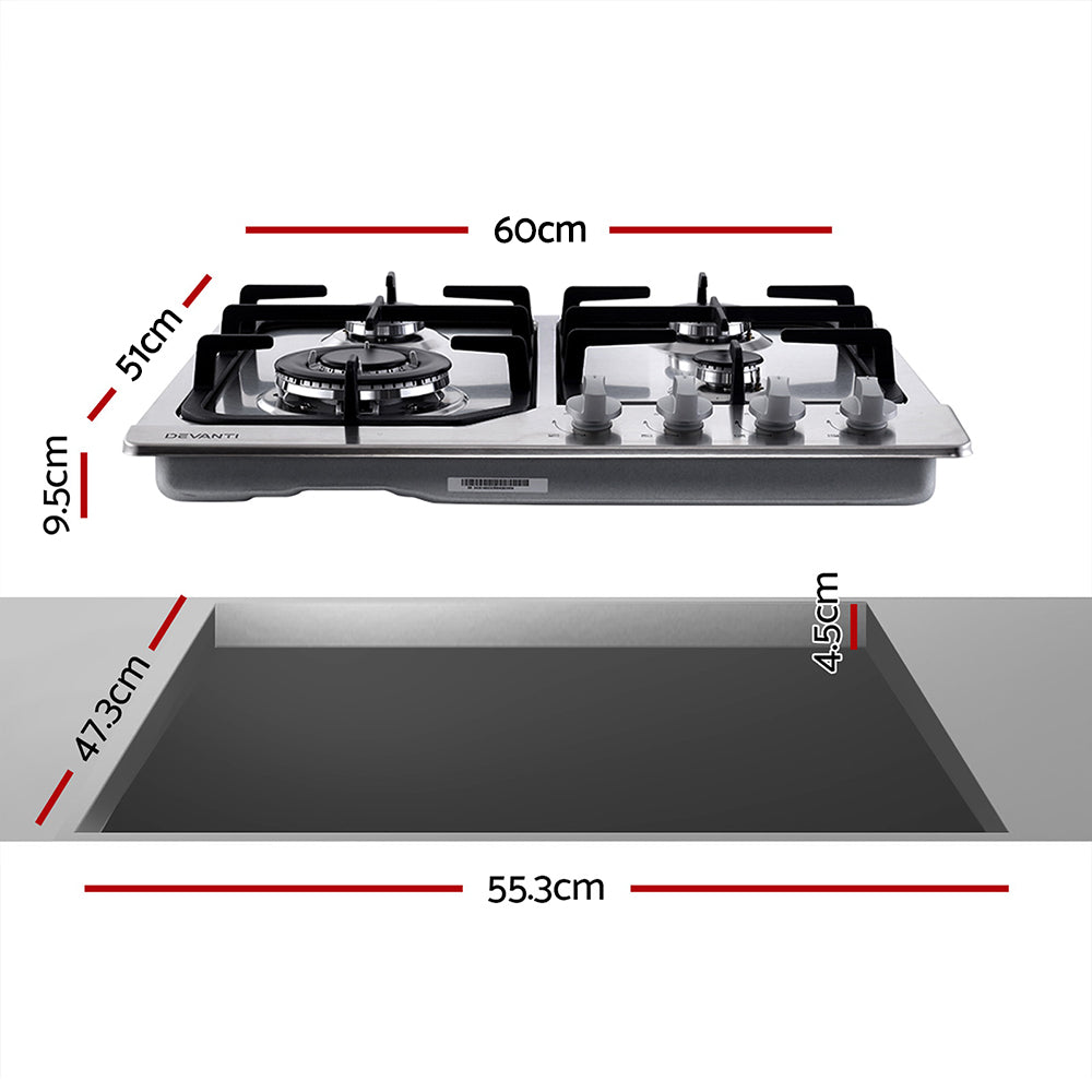 Devanti Gas Cooktop 60cm 4 Burner Silvir-Appliances &gt; Kitchen Appliances-PEROZ Accessories