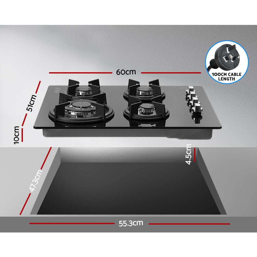 Devanti Gas Cooktop 60cm Stove Hob Black-Appliances &gt; Kitchen Appliances-PEROZ Accessories