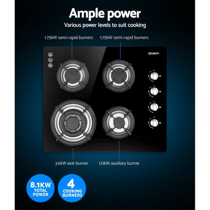 Devanti Gas Cooktop 60cm Stove Hob Black-Appliances &gt; Kitchen Appliances-PEROZ Accessories