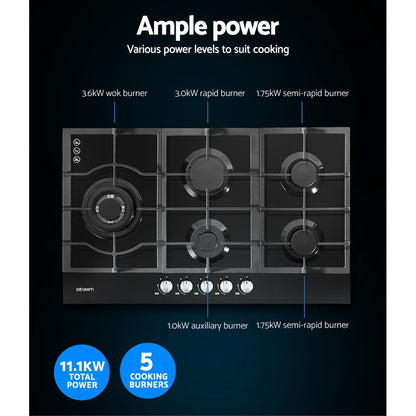 Devanti Gas Cooktop 90cm 5 Burner Black-Appliances &gt; Kitchen Appliances-PEROZ Accessories