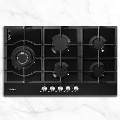 Devanti Gas Cooktop 90cm 5 Burner Black-Appliances &gt; Kitchen Appliances-PEROZ Accessories