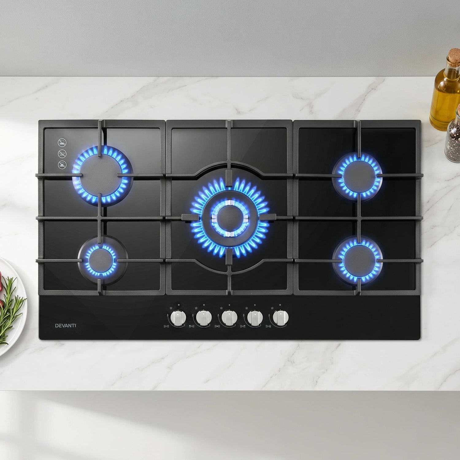 Devanti 90cm Gas Cooktop 5 Burner LPG NG Tempered Glass Hob Black-Appliances > Kitchen Appliances > Cooktops &amp; Stoves-PEROZ Accessories