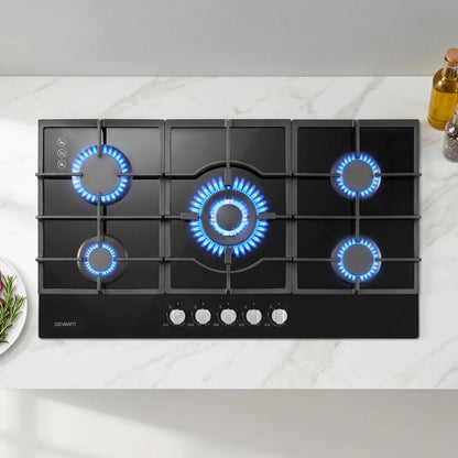 Devanti 90cm Gas Cooktop 5 Burner LPG NG Tempered Glass Hob Black-Appliances > Kitchen Appliances > Cooktops &amp; Stoves-PEROZ Accessories