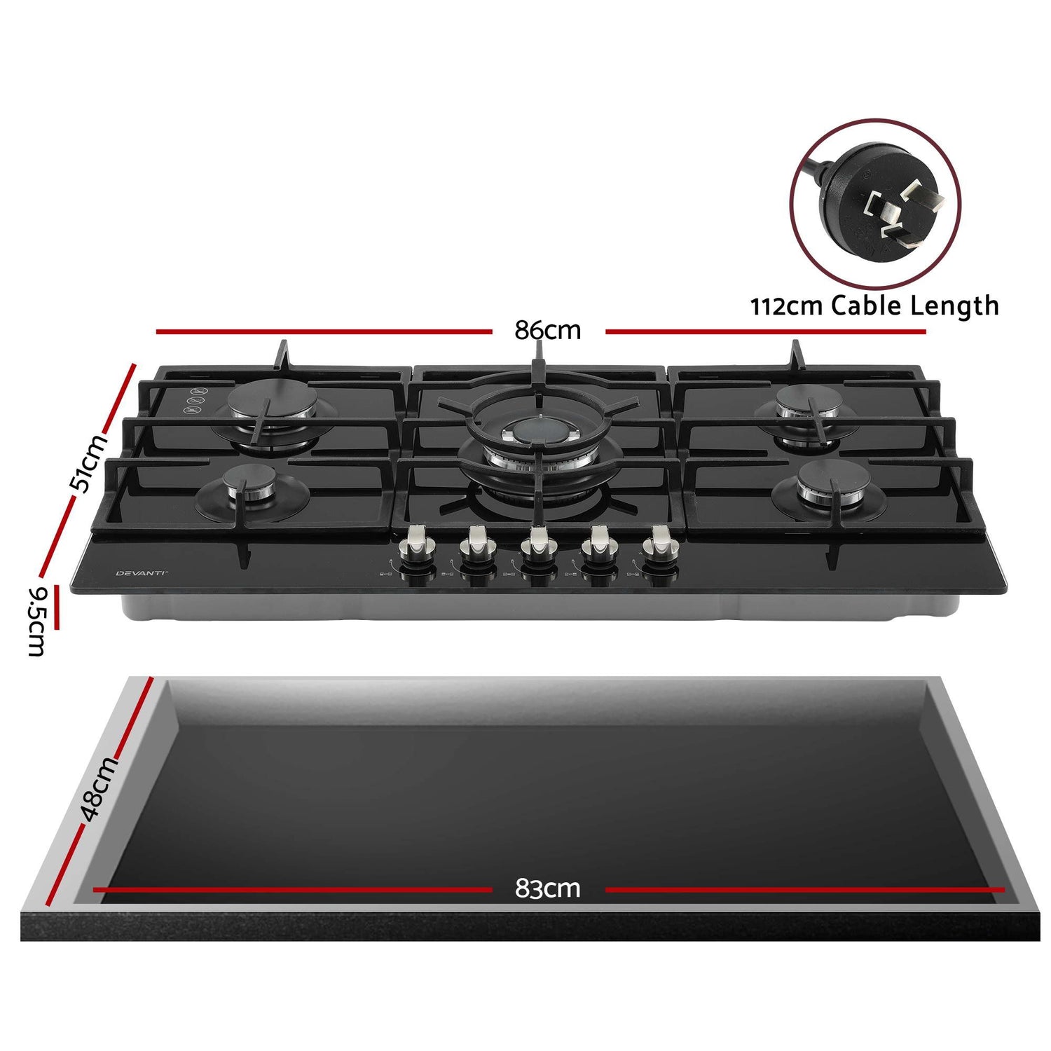 Devanti 90cm Gas Cooktop 5 Burner LPG NG Tempered Glass Hob Black-Appliances > Kitchen Appliances > Cooktops &amp; Stoves-PEROZ Accessories
