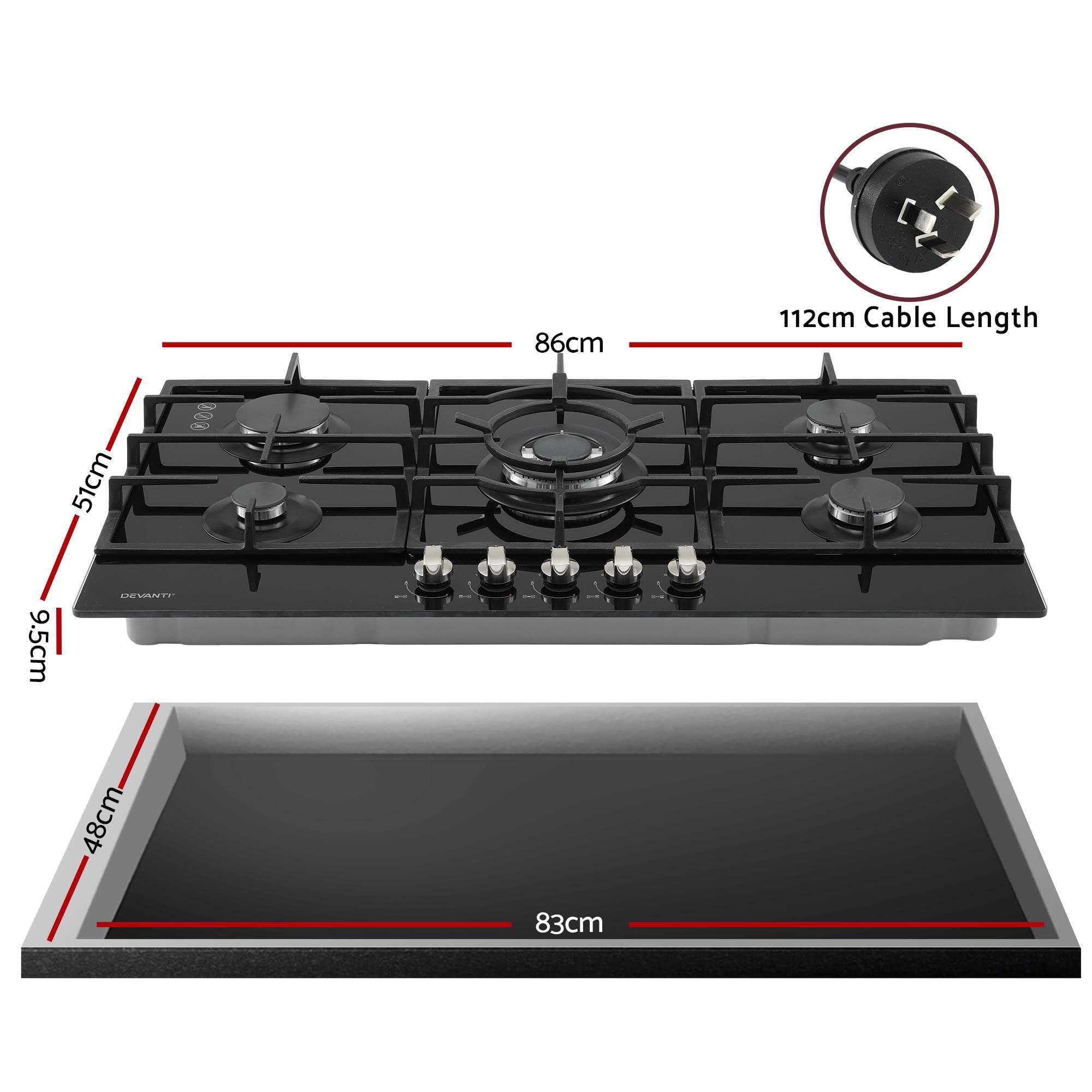 Devanti 90cm Gas Cooktop 5 Burner LPG NG Tempered Glass Hob Black-Appliances > Kitchen Appliances > Cooktops &amp; Stoves-PEROZ Accessories