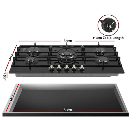 Devanti 90cm Gas Cooktop 5 Burner LPG NG Tempered Glass Hob Black-Appliances > Kitchen Appliances > Cooktops &amp; Stoves-PEROZ Accessories