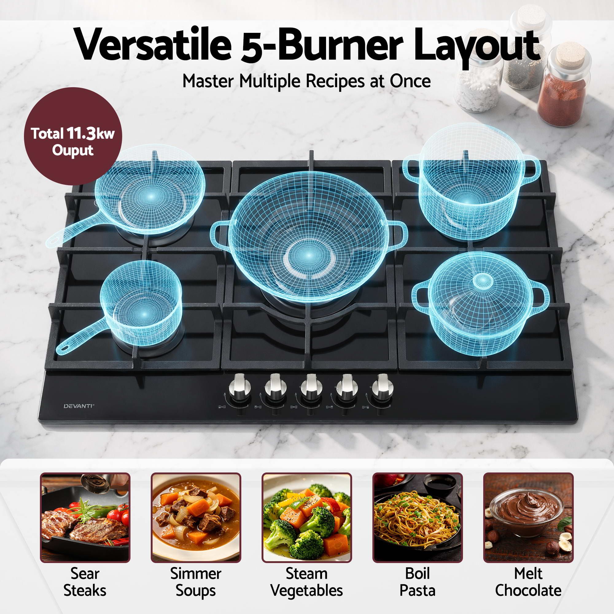 Devanti 90cm Gas Cooktop 5 Burner LPG NG Tempered Glass Hob Black-Appliances > Kitchen Appliances > Cooktops &amp; Stoves-PEROZ Accessories