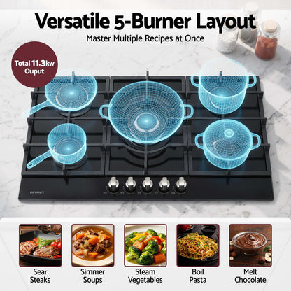 Devanti 90cm Gas Cooktop 5 Burner LPG NG Tempered Glass Hob Black-Appliances > Kitchen Appliances > Cooktops &amp; Stoves-PEROZ Accessories