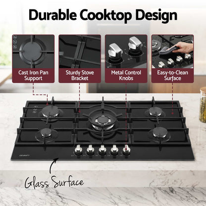 Devanti 90cm Gas Cooktop 5 Burner LPG NG Tempered Glass Hob Black-Appliances > Kitchen Appliances > Cooktops &amp; Stoves-PEROZ Accessories