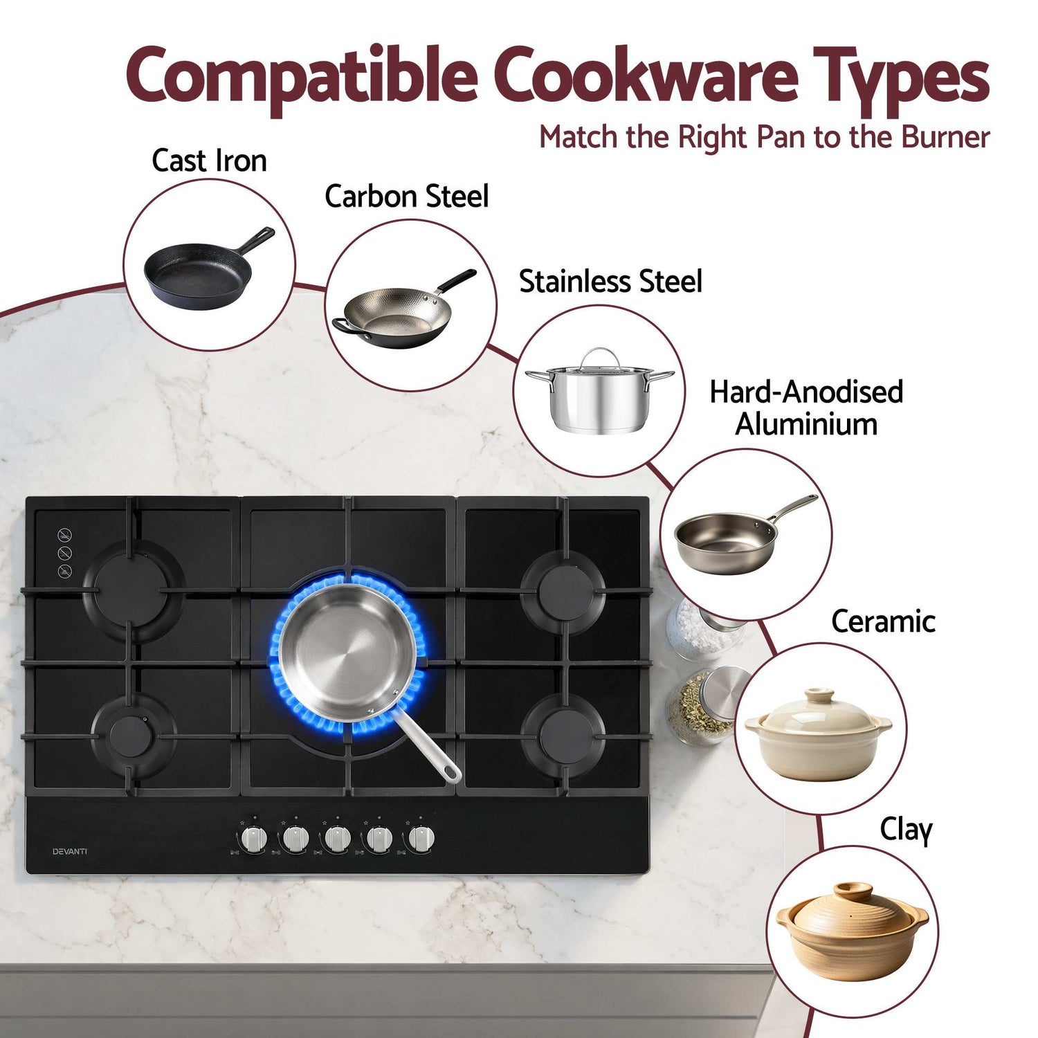 Devanti 90cm Gas Cooktop 5 Burner LPG NG Tempered Glass Hob Black-Appliances > Kitchen Appliances > Cooktops &amp; Stoves-PEROZ Accessories