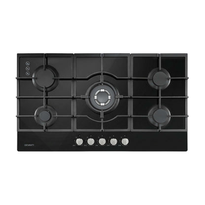 Devanti 90cm Gas Cooktop 5 Burner LPG NG Tempered Glass Hob Black-Appliances > Kitchen Appliances > Cooktops &amp; Stoves-PEROZ Accessories