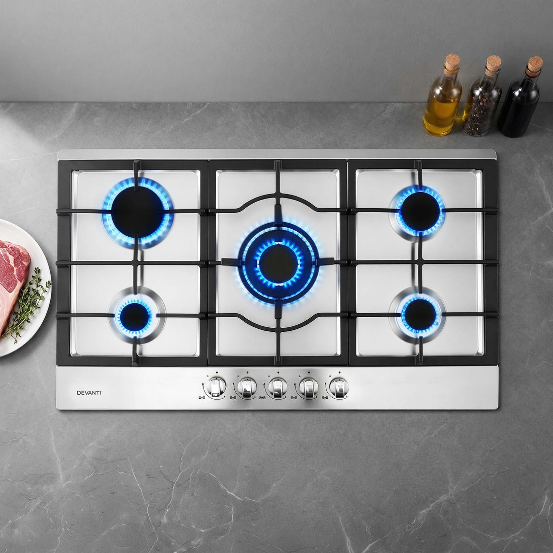 Devanti 90cm Gas Cooktop 5 Burner LPG NG Stainless Steel Hob Silver-Appliances > Kitchen Appliances > Cooktops &amp; Stoves-PEROZ Accessories