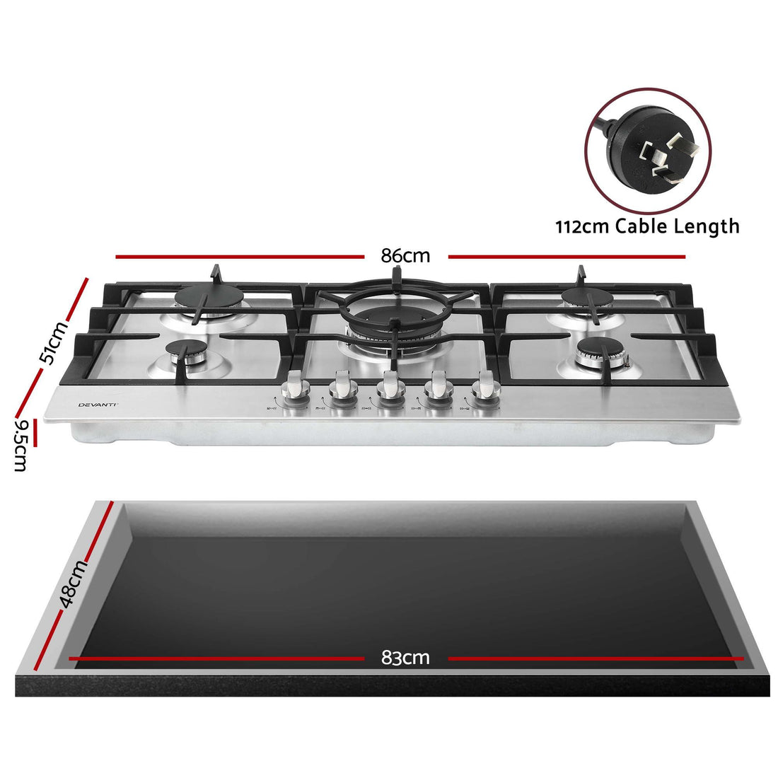 Devanti 90cm Gas Cooktop 5 Burner LPG NG Stainless Steel Hob Silver-Appliances > Kitchen Appliances > Cooktops &amp; Stoves-PEROZ Accessories