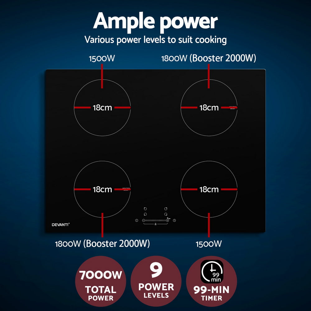Devanti Electric Induction Cooktop 70cm Ceramic 4 Zones Stove Cook Top Hot Plate 7000W-Appliances &gt; Kitchen Appliances-PEROZ Accessories