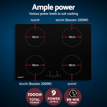 Devanti Electric Induction Cooktop 70cm Ceramic 4 Zones Stove Cook Top Hot Plate 7000W-Appliances &gt; Kitchen Appliances-PEROZ Accessories