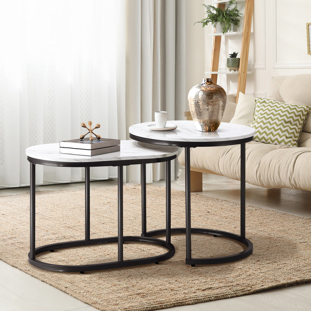 Oikiture Set of 2 Coffee Table Round Oval Marble Nesting Side End Table Black-Coffee Table-PEROZ Accessories