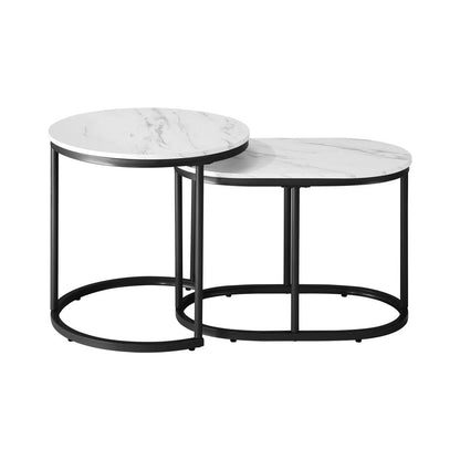Oikiture Set of 2 Coffee Table Round Oval Marble Nesting Side End Table Black-Coffee Table-PEROZ Accessories
