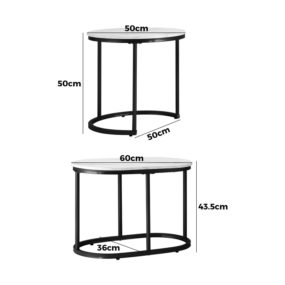 Oikiture Set of 2 Coffee Table Round Oval Marble Nesting Side End Table Black-Coffee Table-PEROZ Accessories