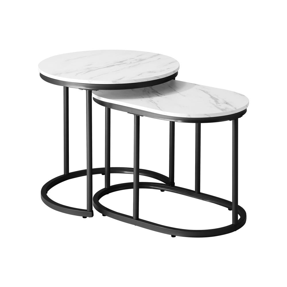 Oikiture Set of 2 Coffee Table Round Oval Marble Nesting Side End Table Black-Coffee Table-PEROZ Accessories
